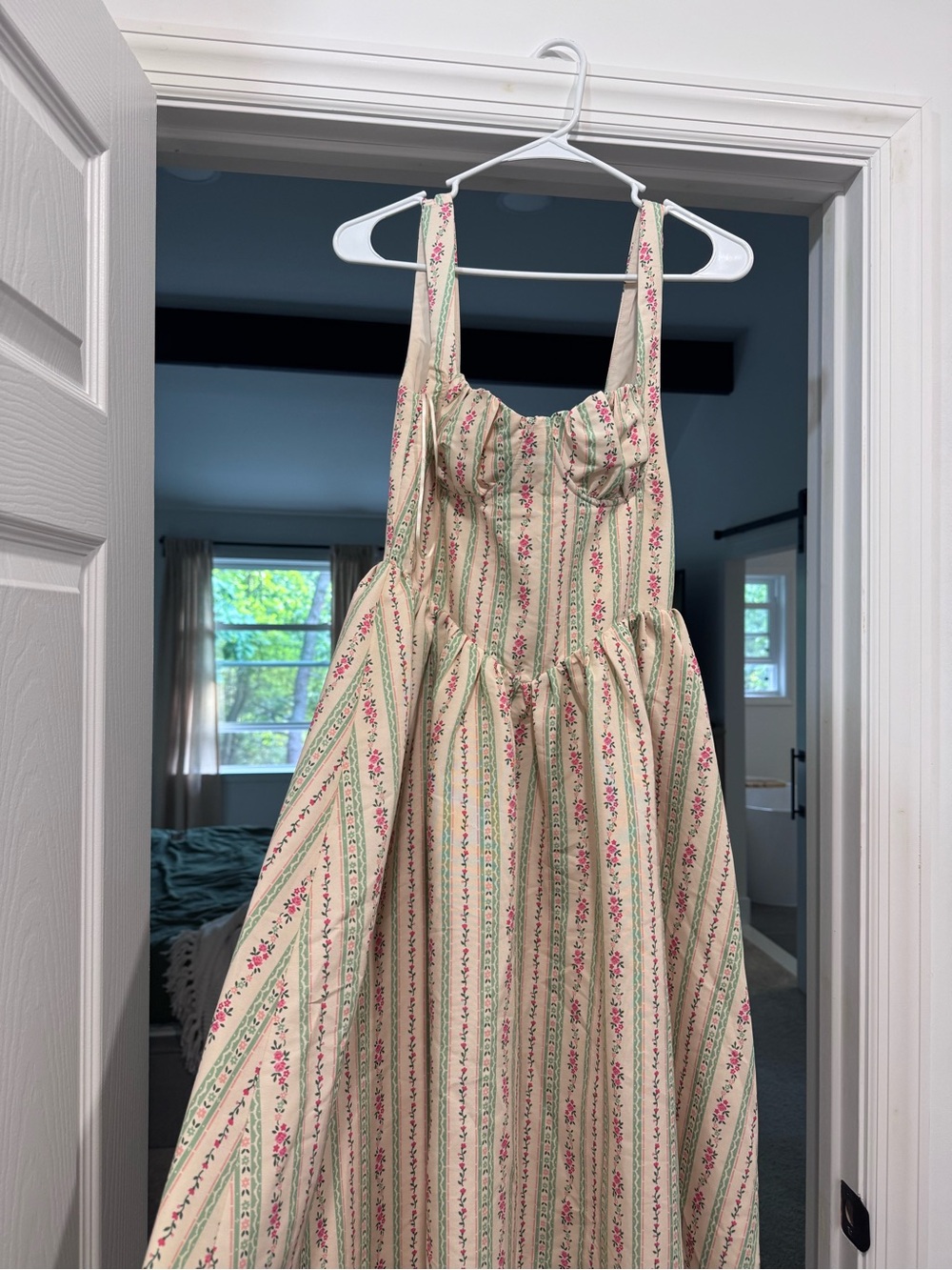 Vici Cream Midi Dress with Pink and Green Floral Stripes